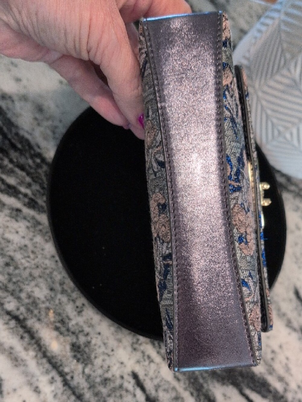 Floral Jacquard Top-Handle Bag in Blush and Blue - Picture 9 of 9